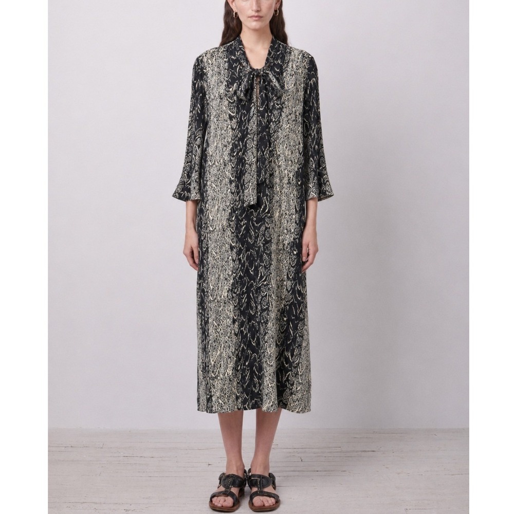 Maison Mayle Womens 100% Silk Snake‎ Print Tie Neck Midi Dress Black Cream 4 USA